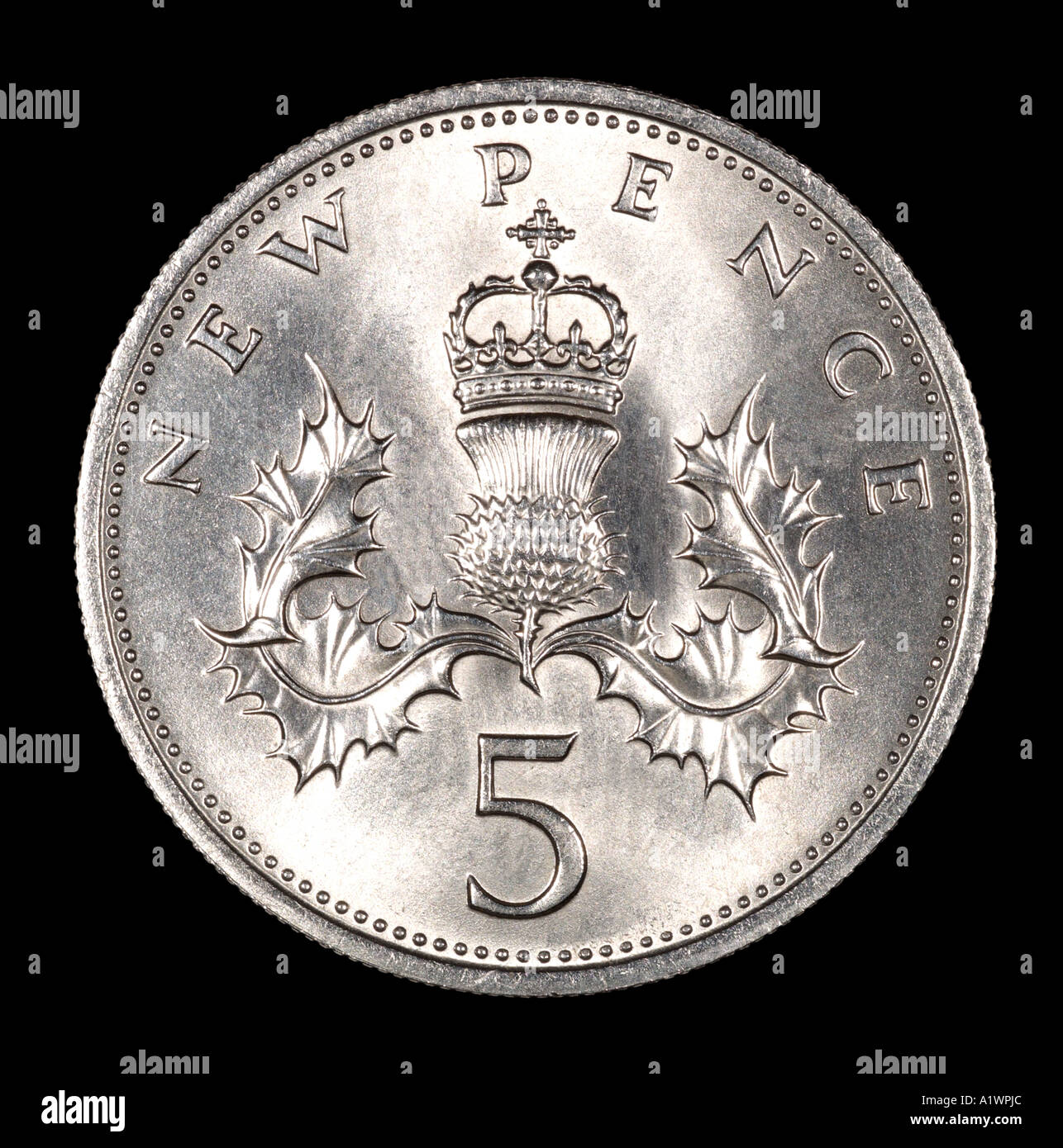 Queen Elizabeth 2 II Reg Regina 5 decimale cinque nuovi pence P di fronte proprio profilo giovani crown thistle holly argento brillante Foto Stock