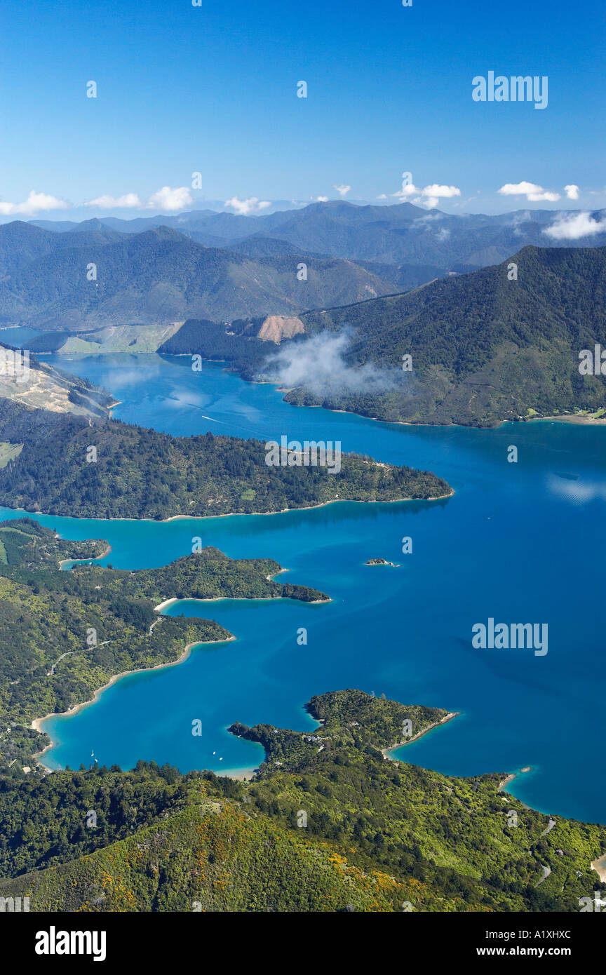 Te Mahia Bay Kenepuru Sound Marlborough Sounds Isola del Sud della Nuova Zelanda antenna Foto Stock