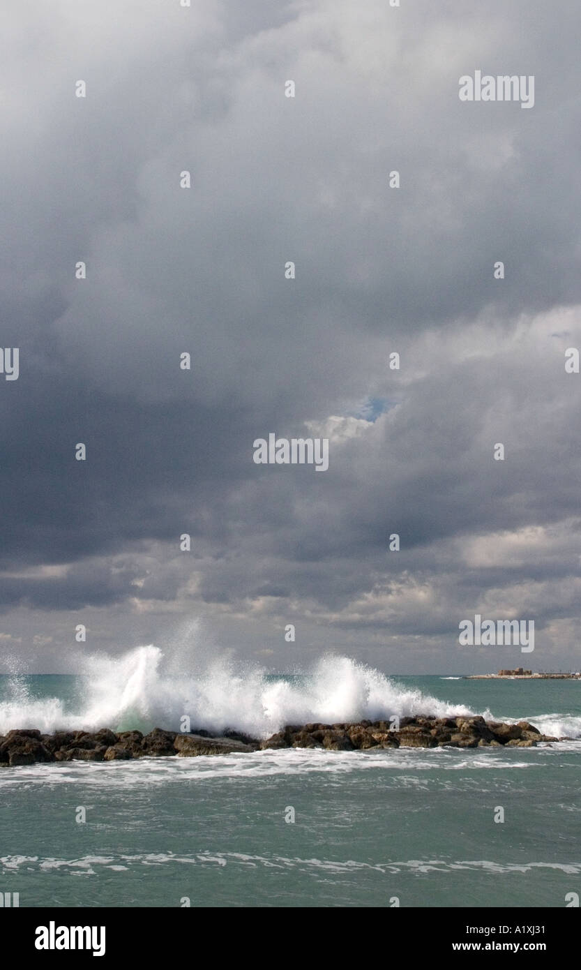 Nuvole temporalesche e selvaggi cavalli bianchi, in mare a Paphos, Cipro, l'isola dell'amore Foto Stock