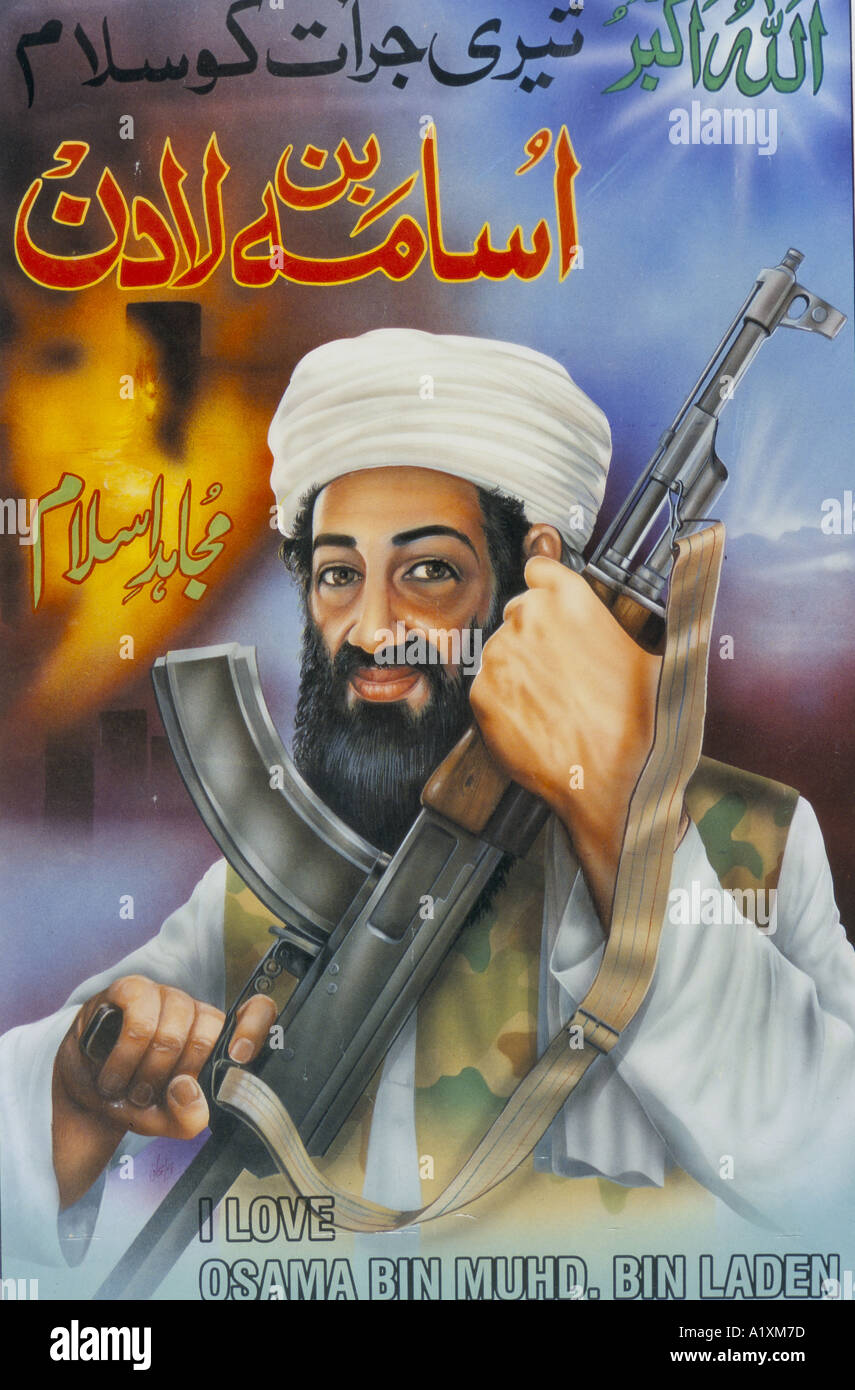 OSAMA BIN LADEN afferma poster in inglese e arabo io amo Osama bin MUHD BIN LADEN 2001 Foto Stock