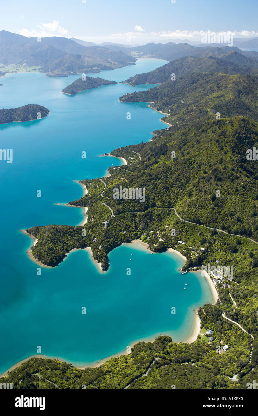 Te Mahia Bay Kenepuru Sound Marlborough Sounds Isola del Sud della Nuova Zelanda antenna Foto Stock
