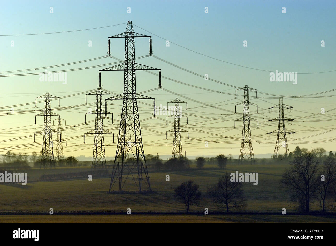 Elettricità tralicci in campagna, Nottinghamshire, Regno Unito Foto Stock
