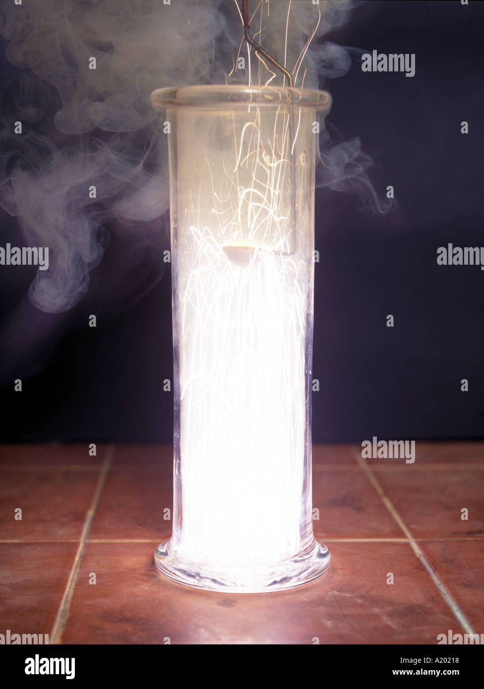 Polvere di magnesio che brucia in vaso a gas - una reazione esotermica - emettendo una luce brillante. Esperimento scientifico in un ambiente di laboratorio. Vedere A2021A, A20219 Foto Stock