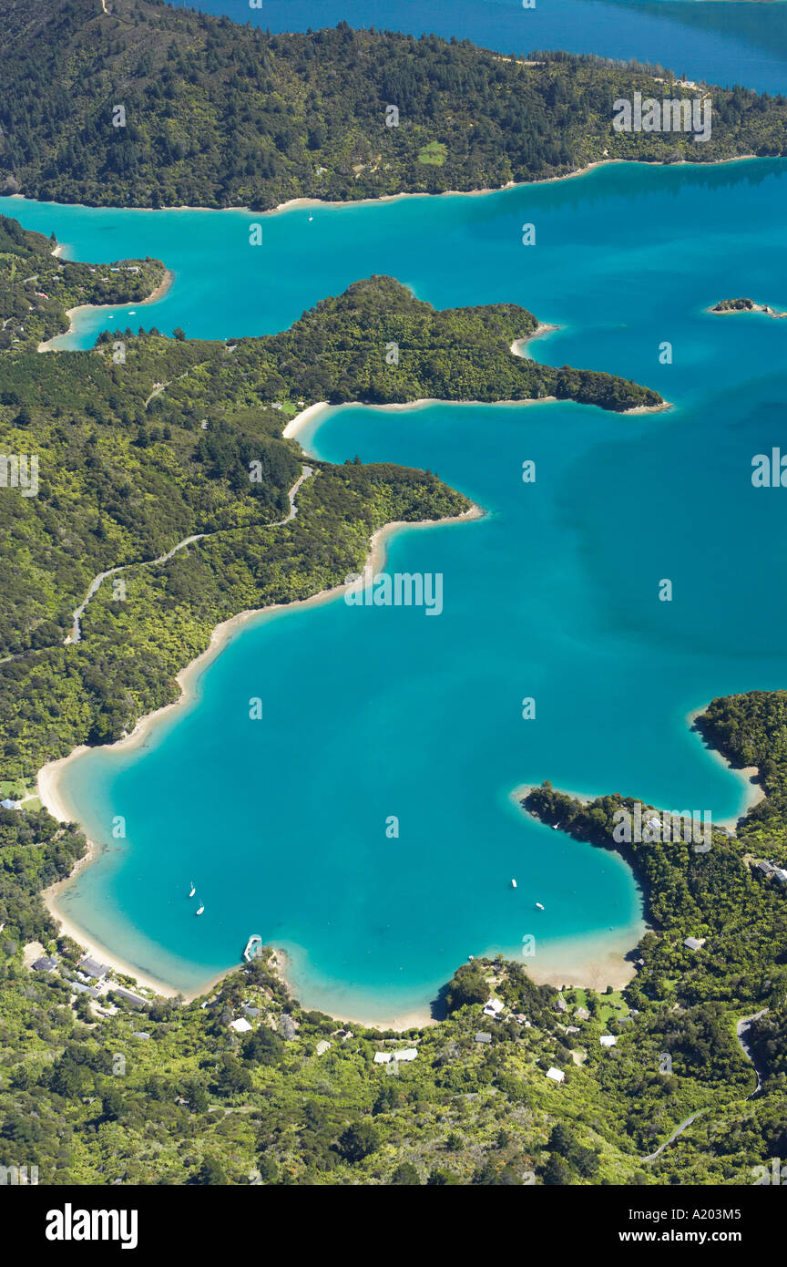 Te Mahia Bay Kenepuru Sound Marlborough Sounds Isola del Sud della Nuova Zelanda antenna Foto Stock