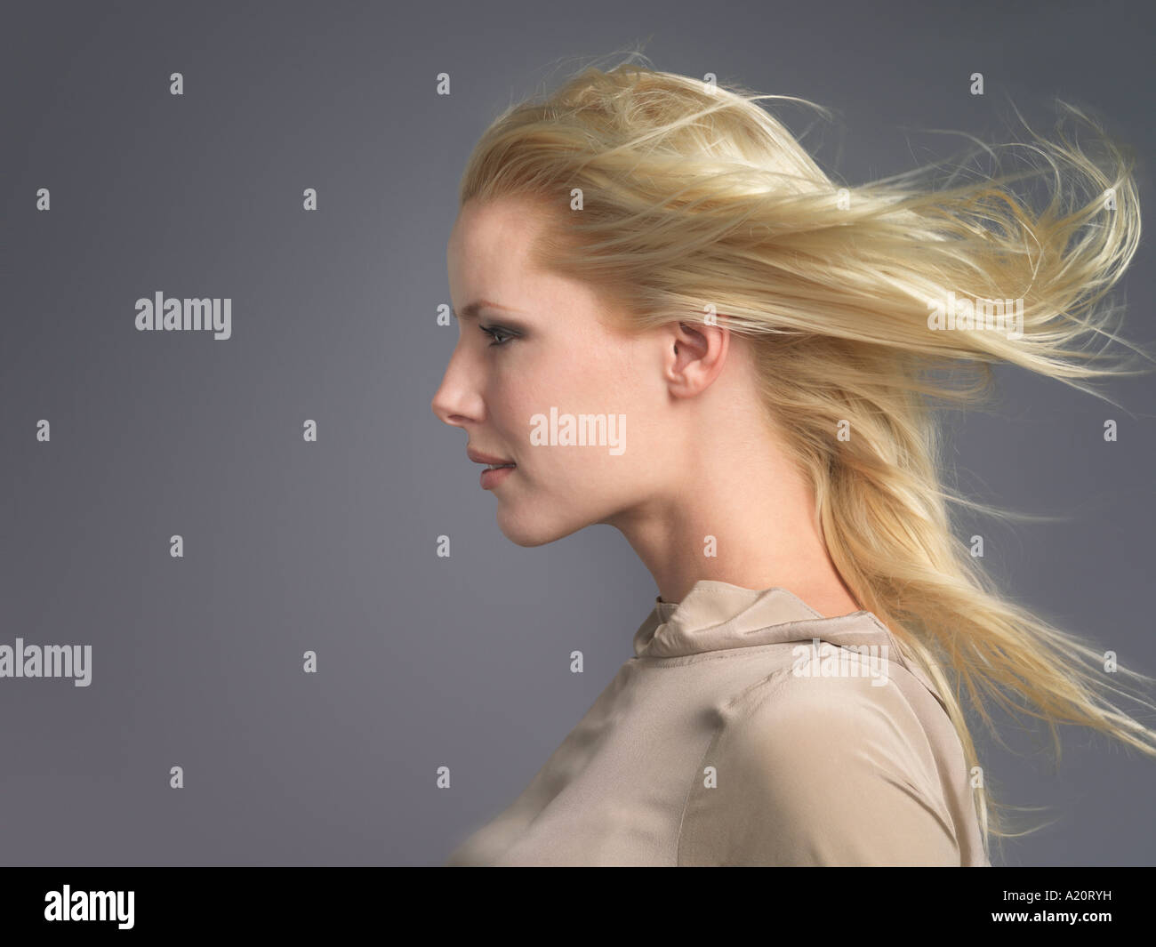 La donna rivolta verso il vento, capelli ondeggianti dietro, profilo di close-up Foto Stock