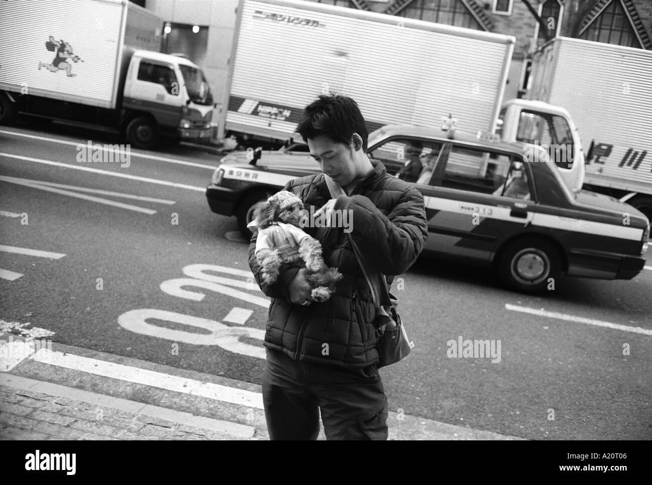 Un uomo giapponese tiene il suo cane in una strada in Shibuya, Tokyo, Giappone Foto Stock