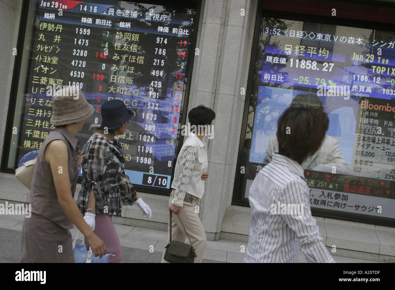 Le donne giapponesi a piedi passato una banca di scorte e condivide un monitor a schermo che mostra i valori più recenti di commodities, Tokyo, Giappone Foto Stock