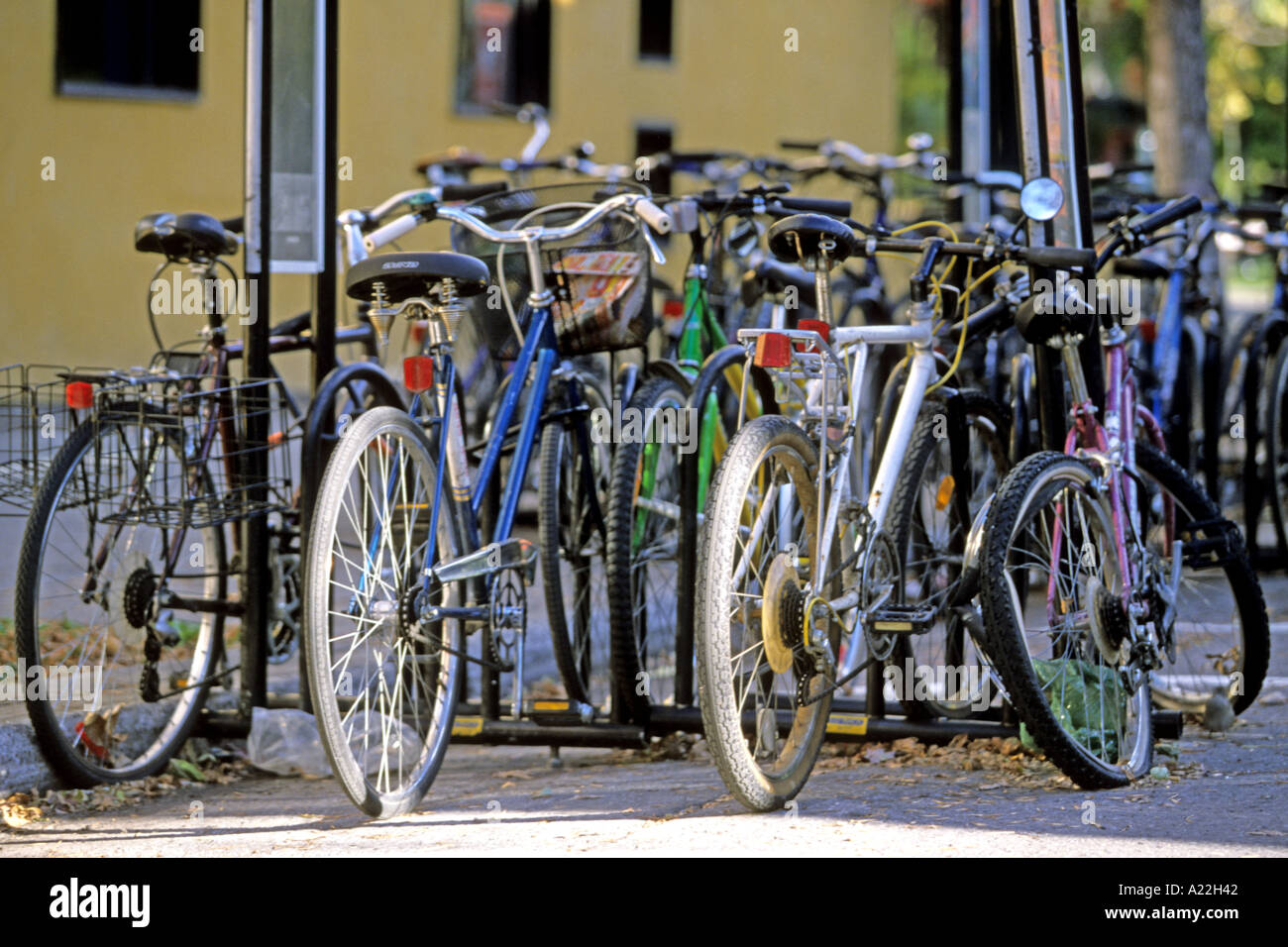 Una fila di biciclette parcheggiate Foto Stock