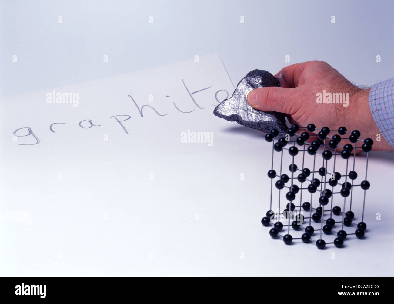 La scrittura della parola grafite con un grumo di grafite accanto a un modello molecolare di grafite Foto Stock