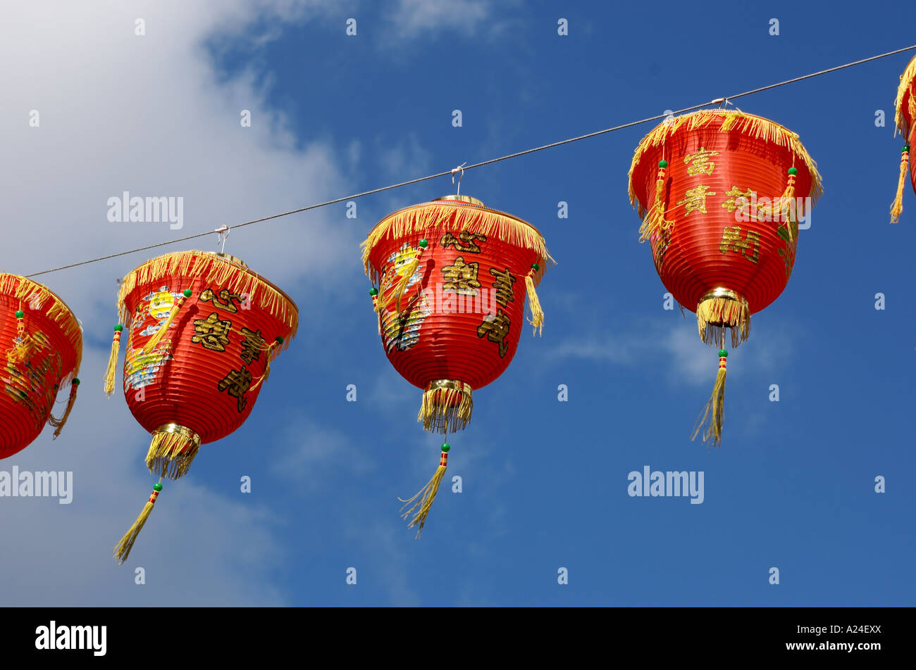 Le lanterne cinesi a Capodanno cinese a Londra in Chinatown Foto Stock