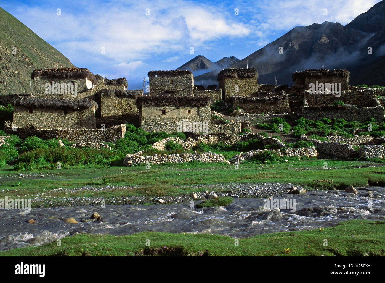 Il fiume TARAP corre passato fare villaggio nel fare TARAP VALLEY QUARTIERE DOLPO NEPAL Foto Stock