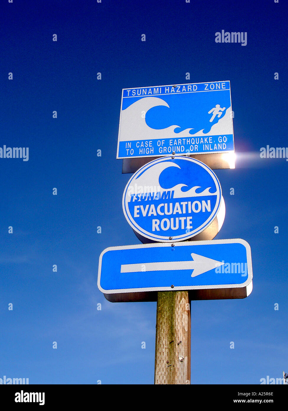 Allarme Tsunami e direzione di evacuazione segni su Oregon State Highway 34 nella cittadina costiera di Waldport in Oregon Foto Stock