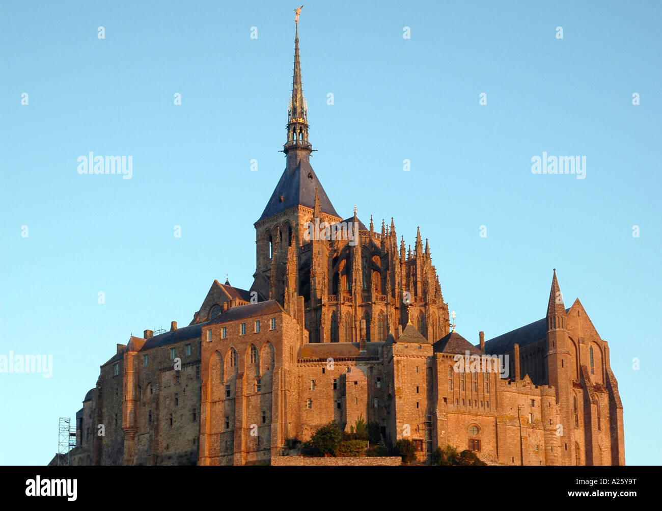 Vista Mont Saint Michel Monte San St S Michael canale inglese La Manche meraviglia Normandia Normandie Nord Ovest della Francia Europa Foto Stock