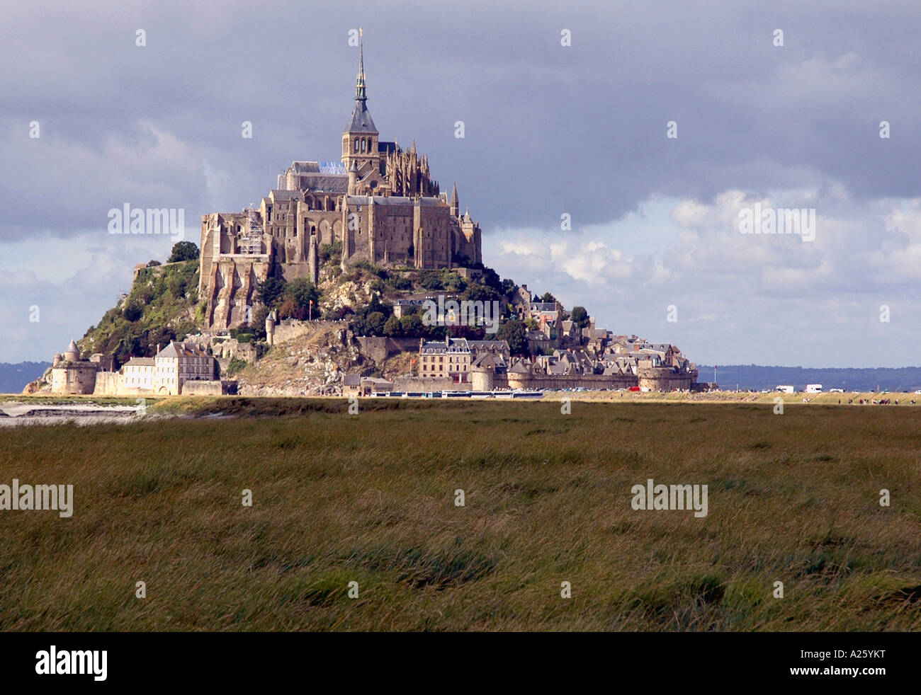 Vista Mont Saint Michel Monte San St S Michael canale inglese La Manche meraviglia Normandia Normandie Nord Ovest della Francia Europa Foto Stock