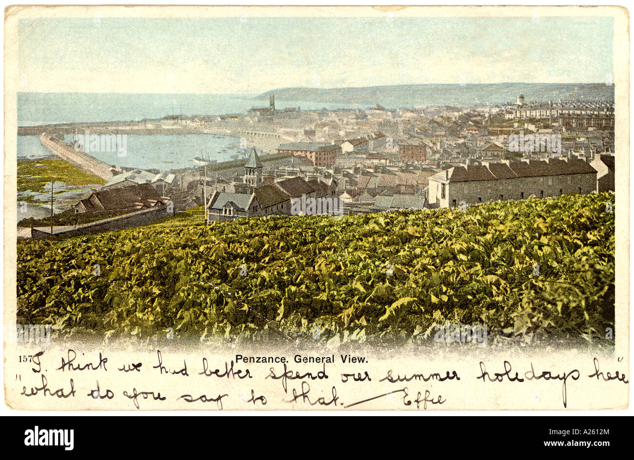 Antica cartolina ricordo originale di auguri di Penzance, Cornovaglia, Regno Unito, pubblicato 1904 Foto Stock