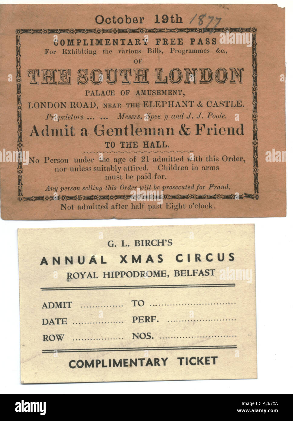 Circus biglietti omaggio per il 1877 e di circa 1900 Foto Stock