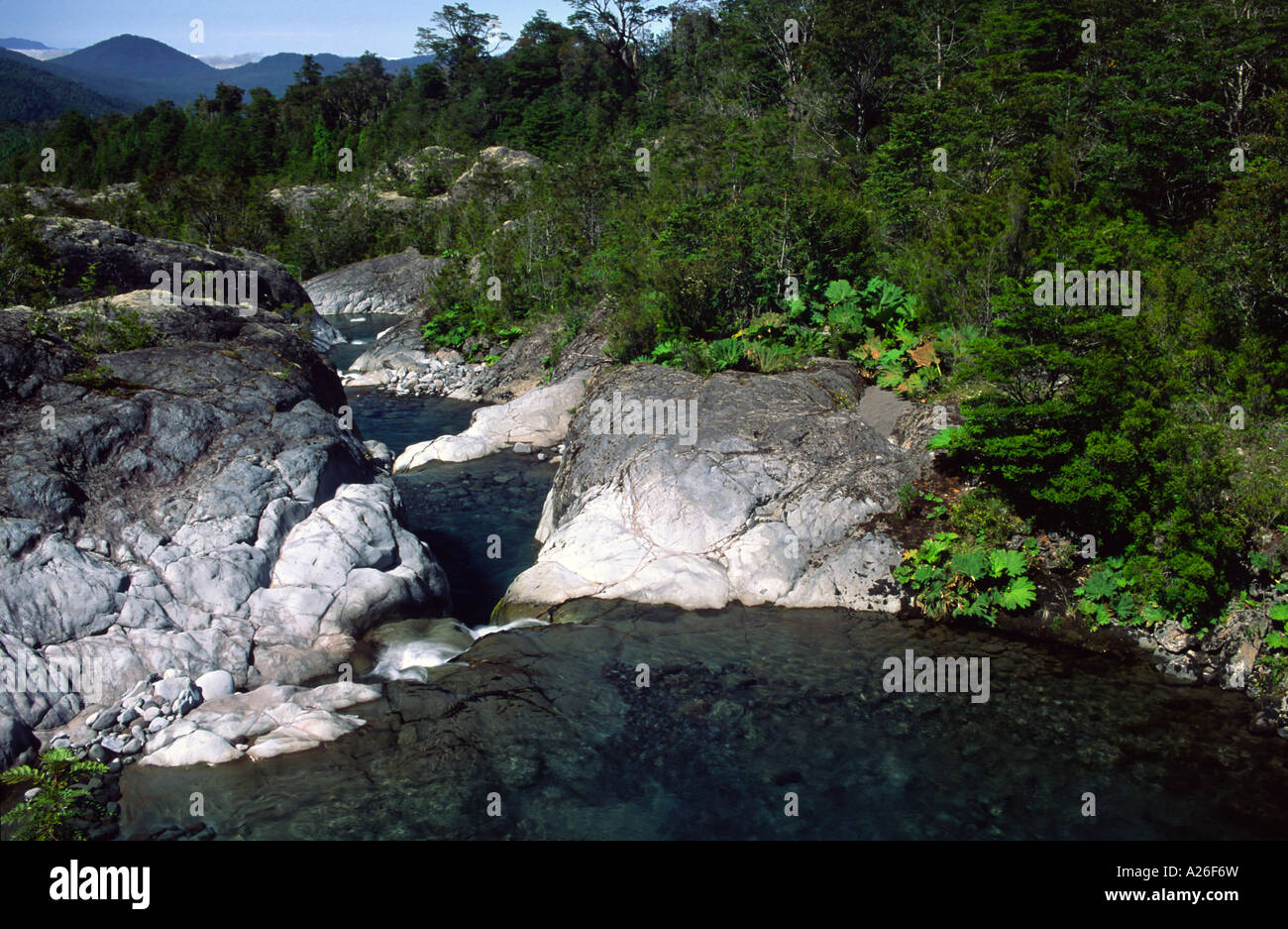 Piscina nel fiume Chamiza, vulcano Calbuco, Cile. Foto Stock