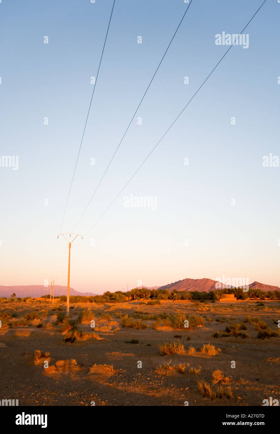 Palo del telegrafo nel deserto del Sahara a Zagora in Marocco Foto Stock