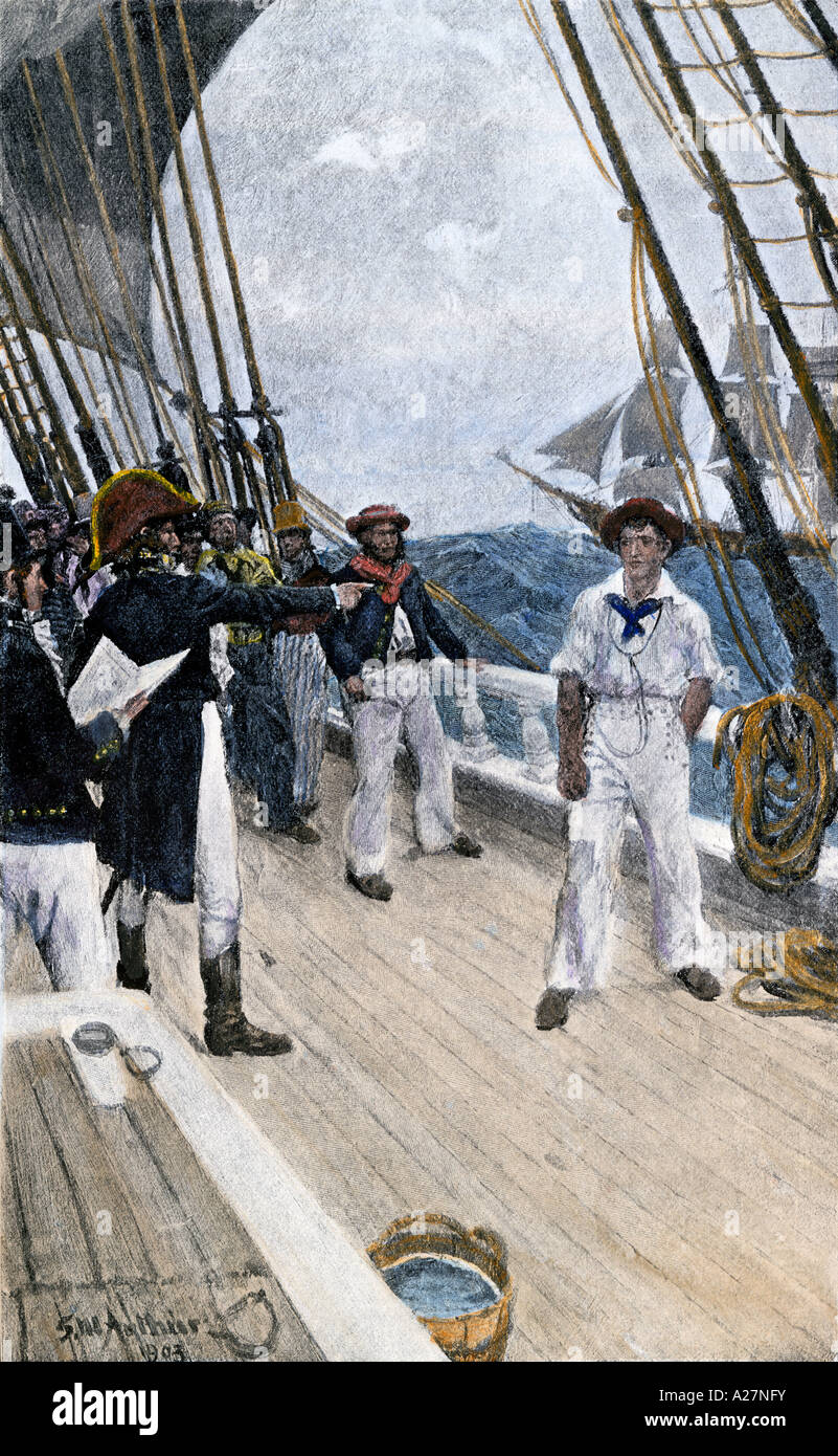 Impressment di un marinaio americano da un britannico addetto navale primi 1800s. Colorate a mano di mezzitoni un Howard Pyle illustrazione Foto Stock