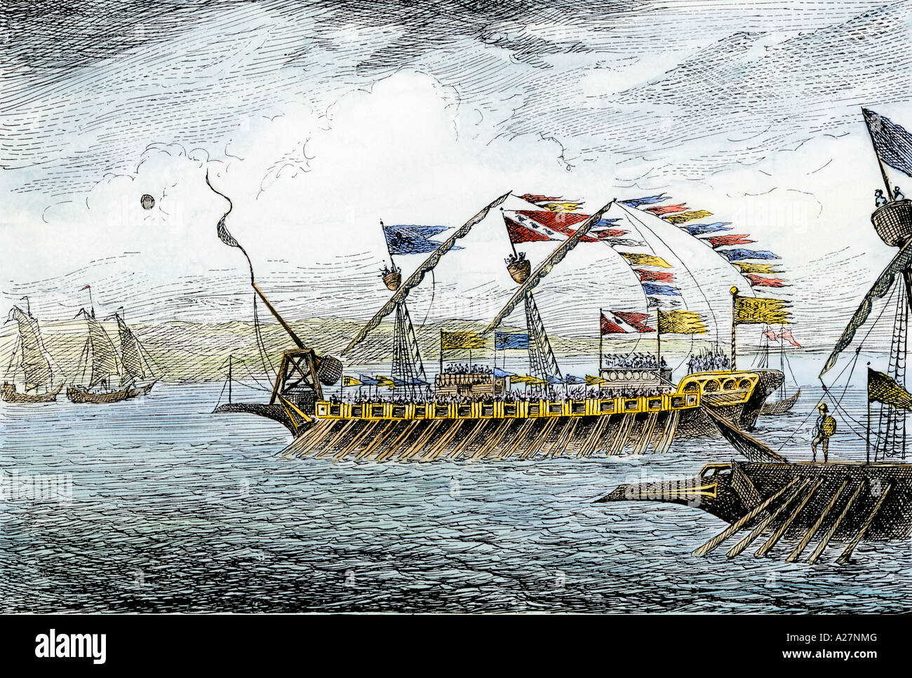 Marco Polo che portano le navi veneziane a Curzola nel mare Adriatico. Colorate a mano la xilografia Foto Stock