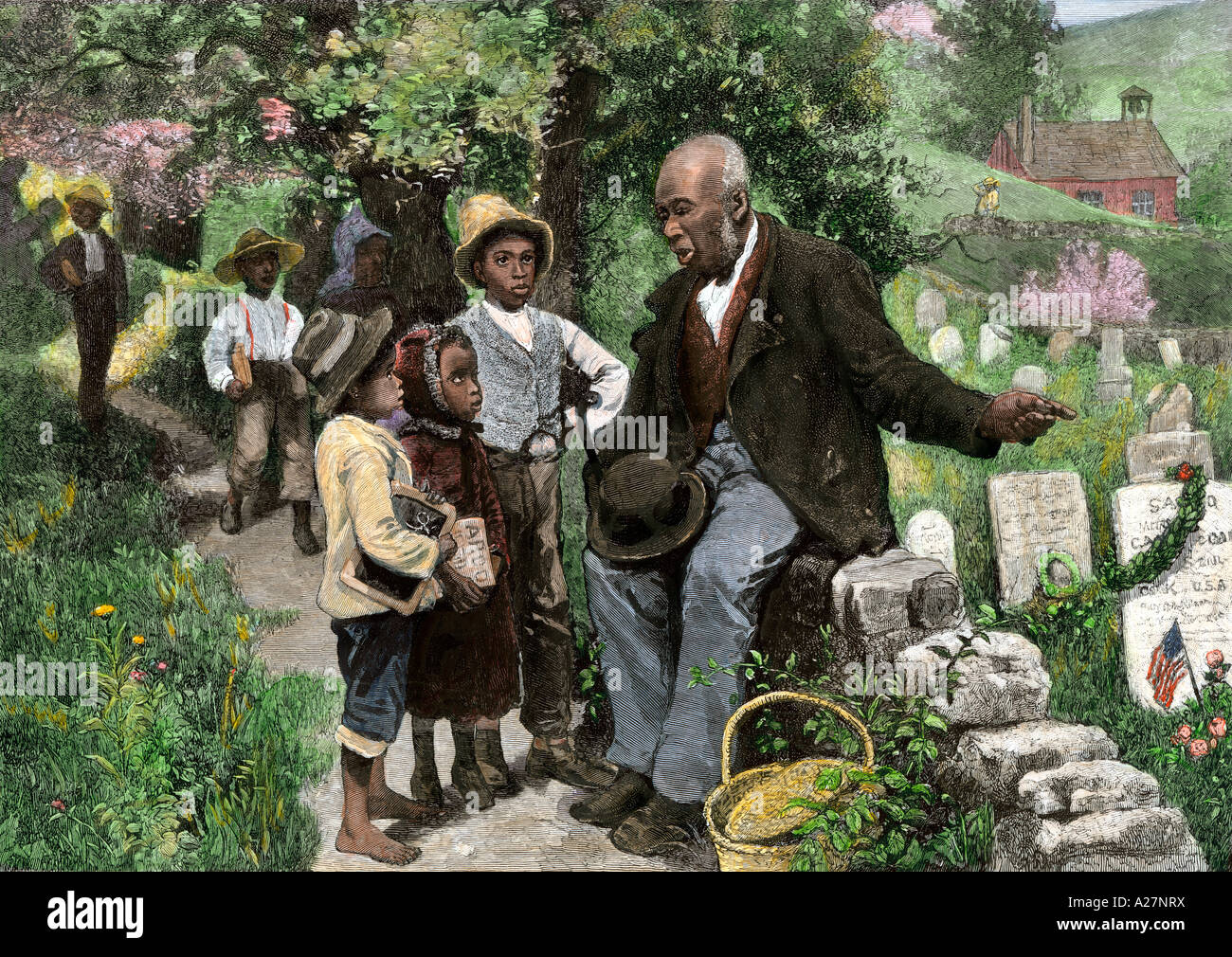 African American veterano dare ai bambini una lezione di storia sulla decorazione giorno 1881. Colorate a mano la xilografia Foto Stock