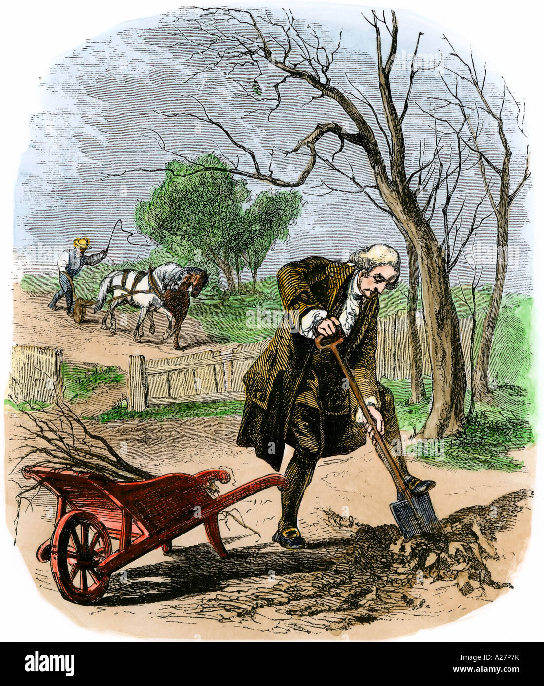 George Washington allevamento a Mount Vernon la sua casa in Virginia. Colorate a mano la xilografia Foto Stock