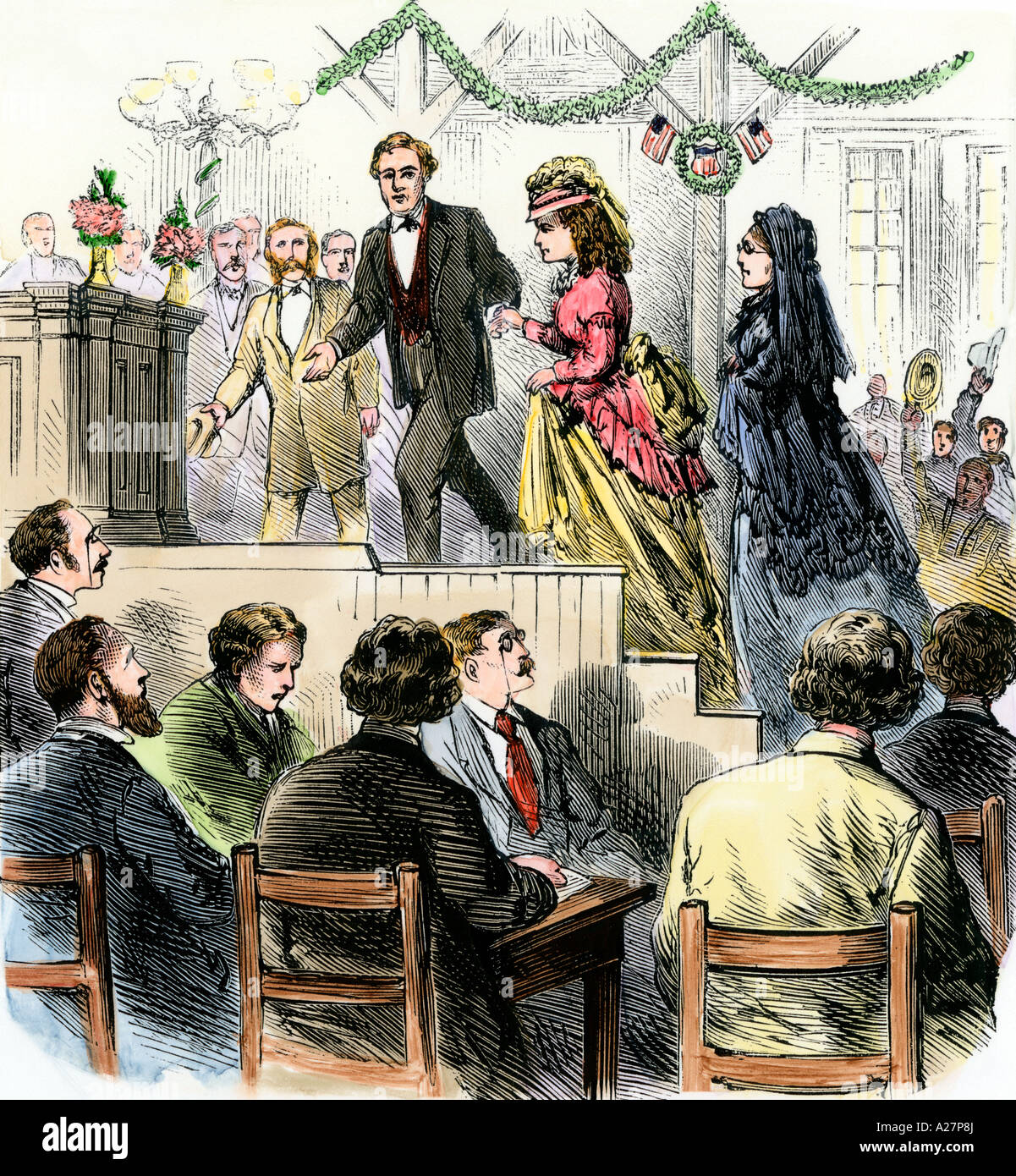 Laura Gordon e Susan B Anthony scortati al podio a parlare in Cincinnati in Ohio 1870s. Colorate a mano la xilografia Foto Stock