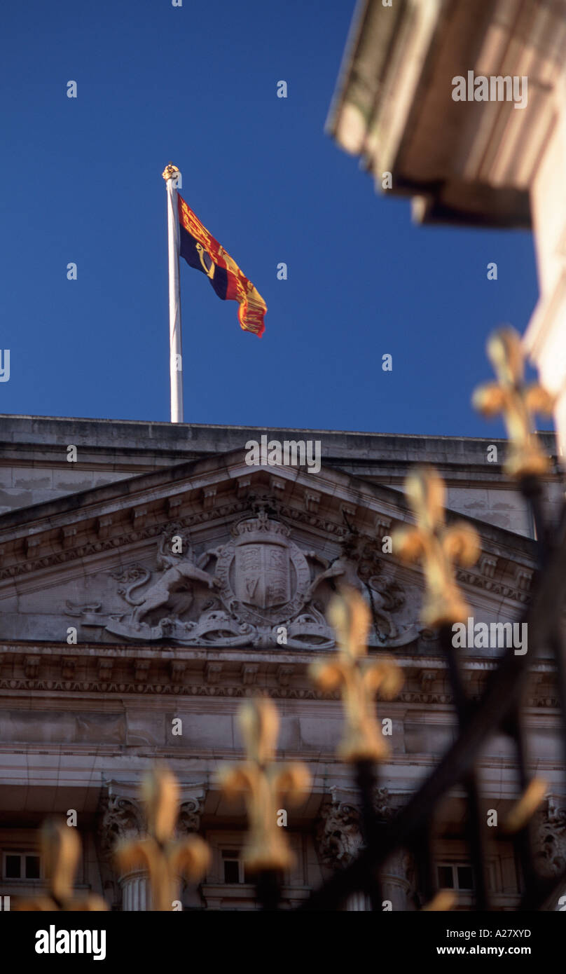 Royal standard flying Oltre Buckingham Palace indicante la Regina Elisabetta II è in residence, City of Westminster, Londra, Inghilterra Foto Stock