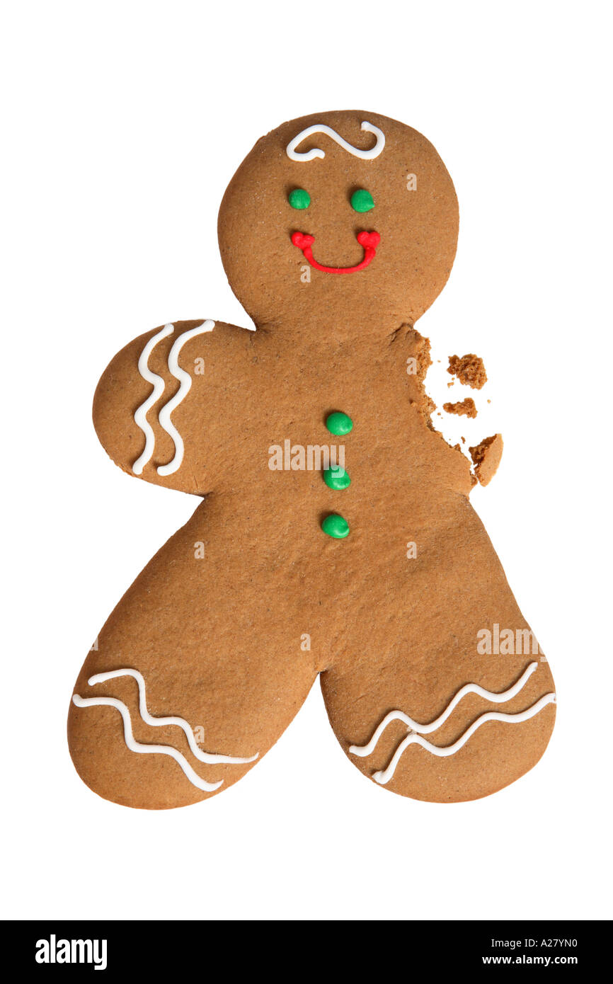 Felice di Gingerbread Man cookie con braccio mangiato fuori. Foto Stock