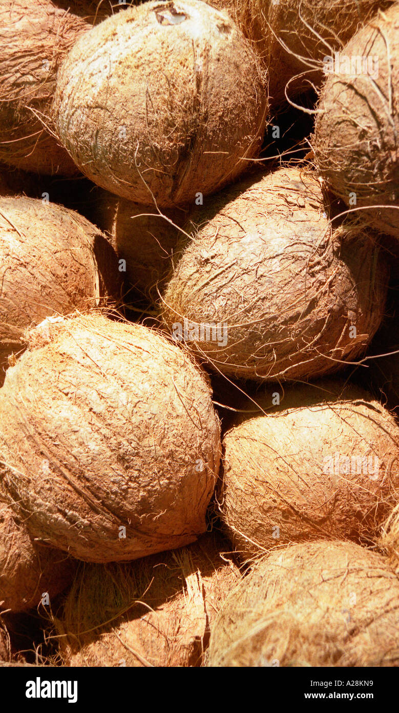 Noci di cocco, di produrre nel mercato di strada a Cuzco, Perù Foto Stock