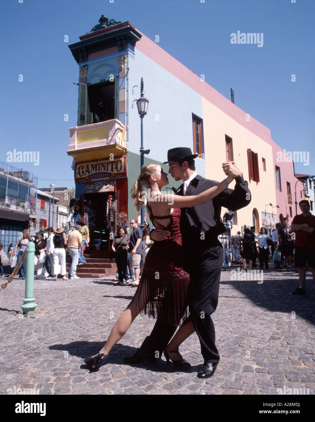 Strada ballerini di tango, Caminito Street, La Boca, Buenos Aires, Argentina Foto Stock