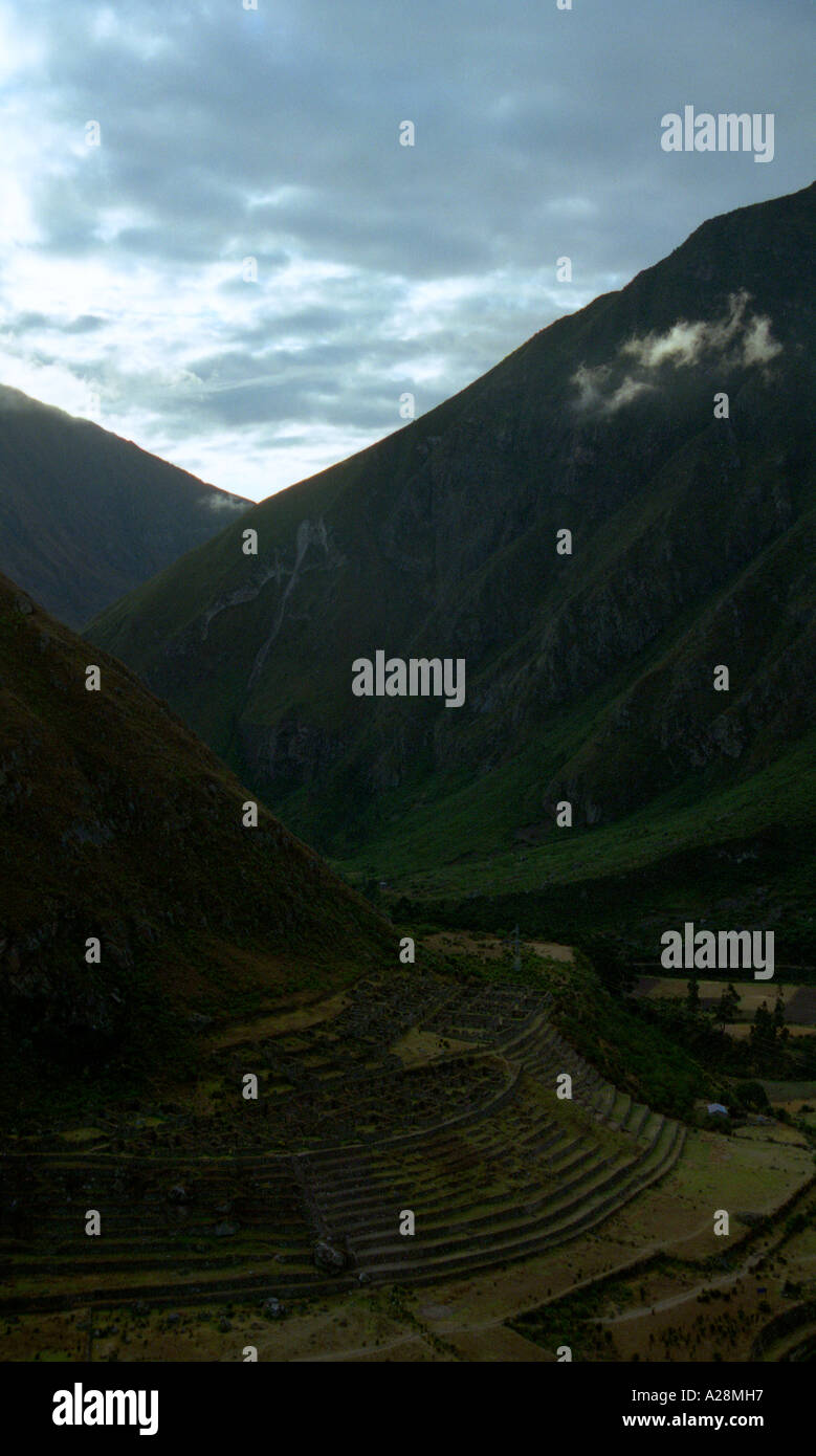 Rovine di Paucarcancha sul Cammino Inca e Machu Picchu, Perù Foto Stock