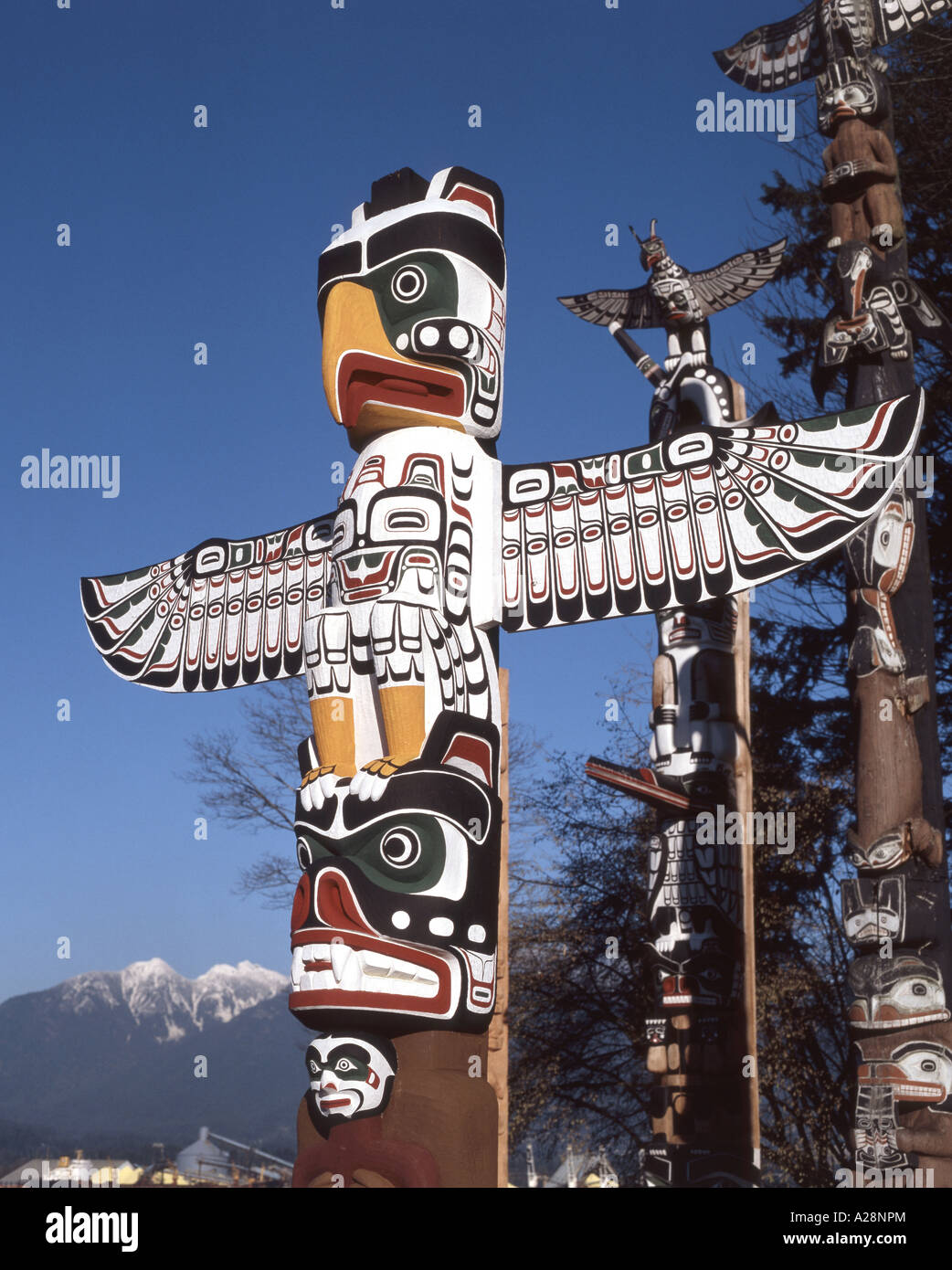 Totem Poles a Brockton Point, Stanley Park, Vancouver, British Columbia, Canada Foto Stock