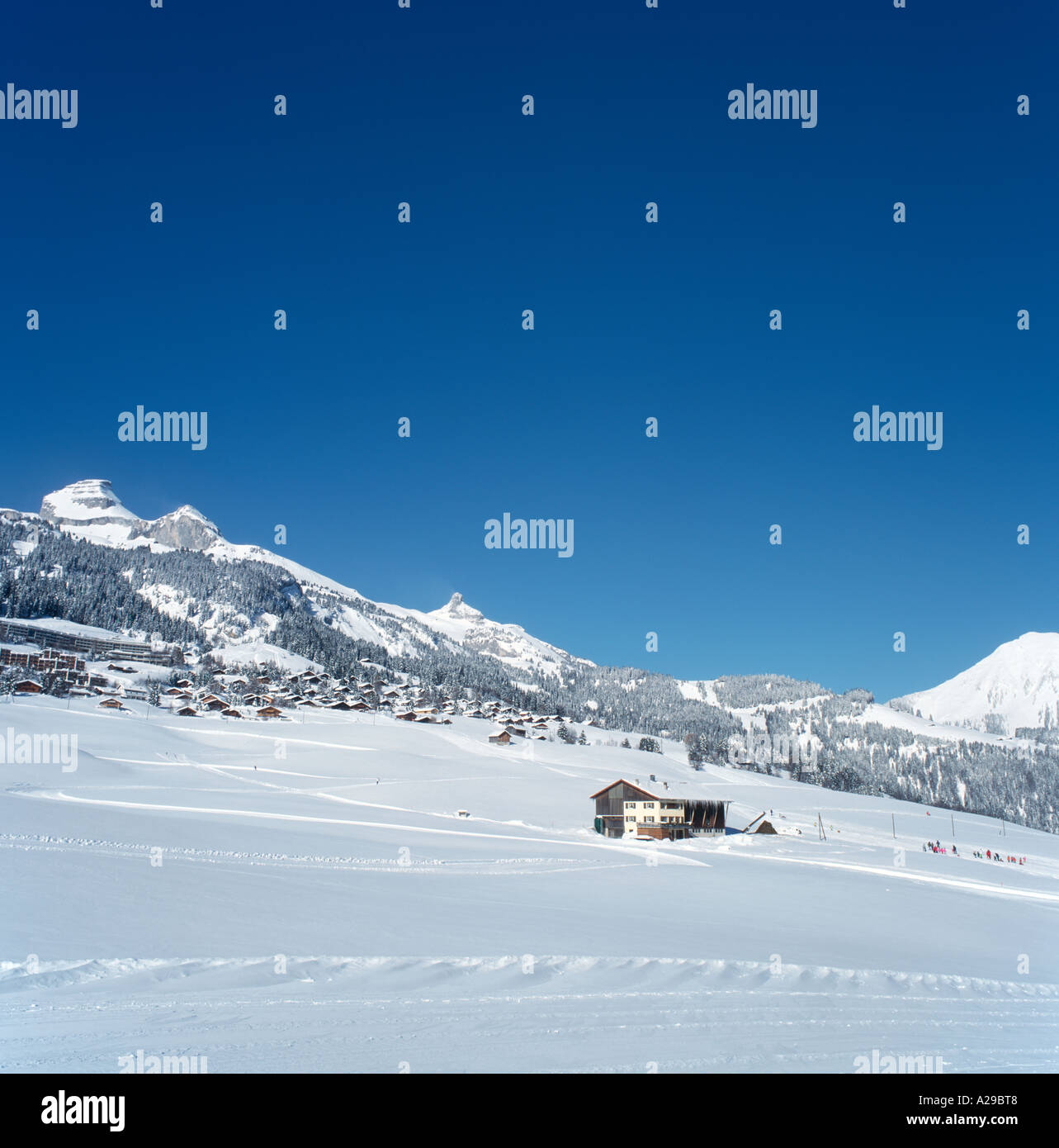 Vista del resort da distanza, Leysin, alpi svizzere, Svizzera Foto Stock