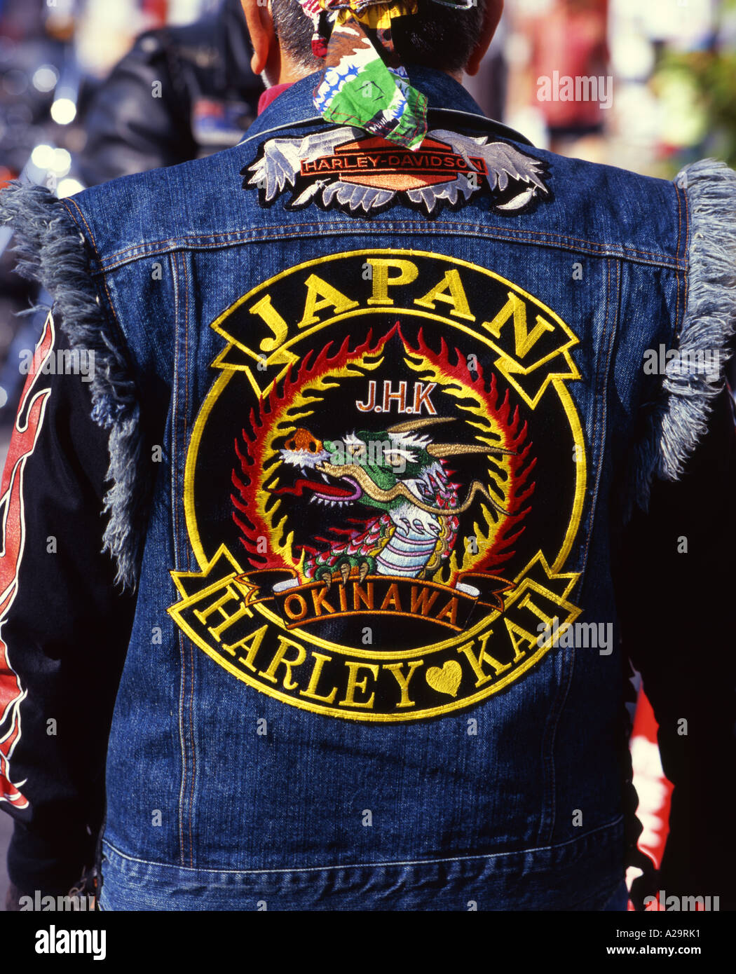 Giapponese Harley Davidson Rider a Okinawa City Gate 2 Festival Foto Stock