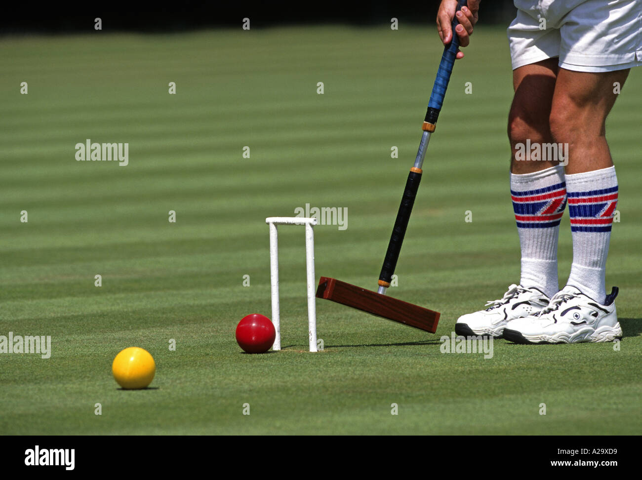 Close up di un uomo giocando croquet Foto Stock