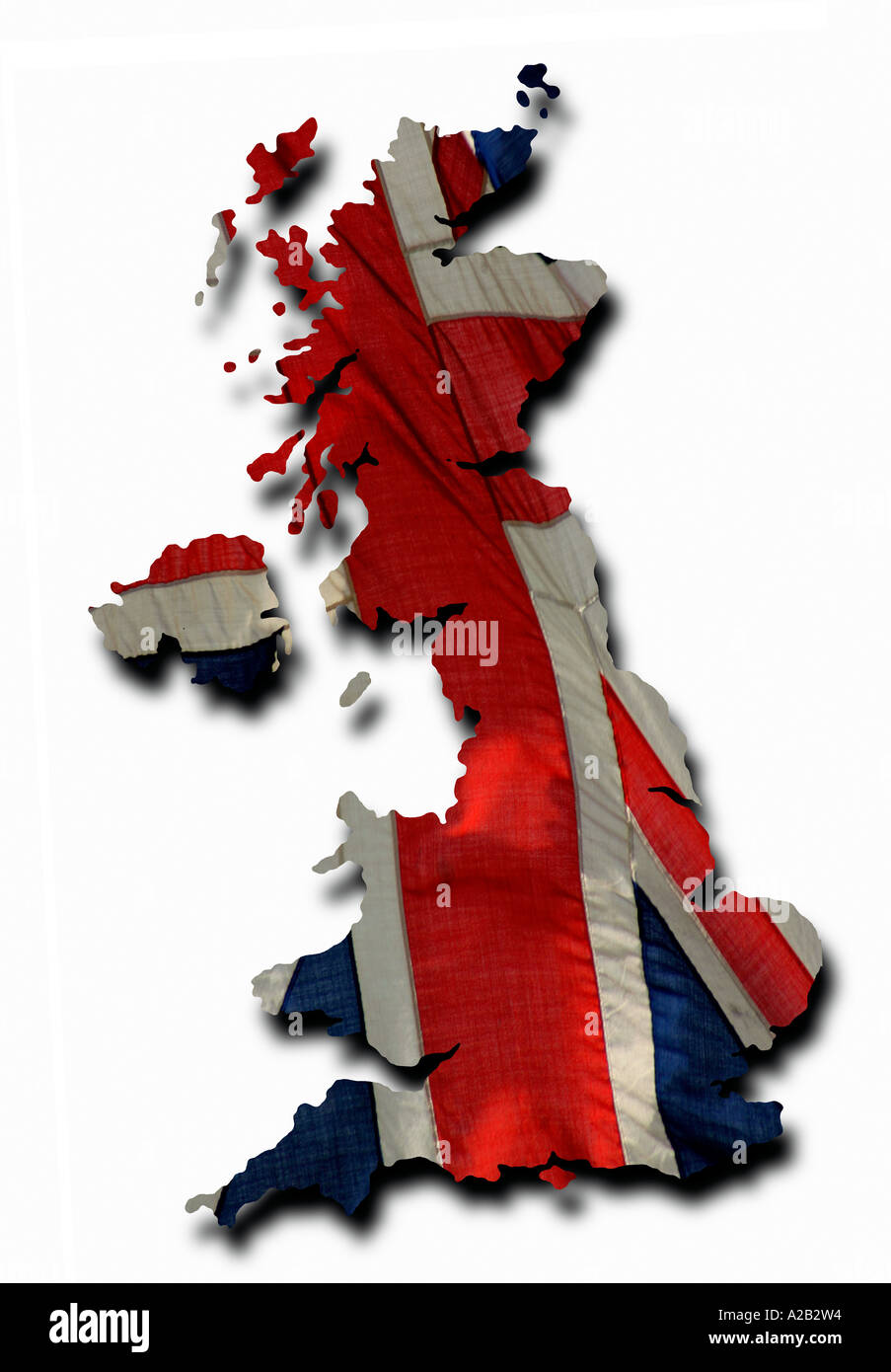 Regno Unito mappa sovrapposta con la bandiera europea su sfondo bianco Foto Stock