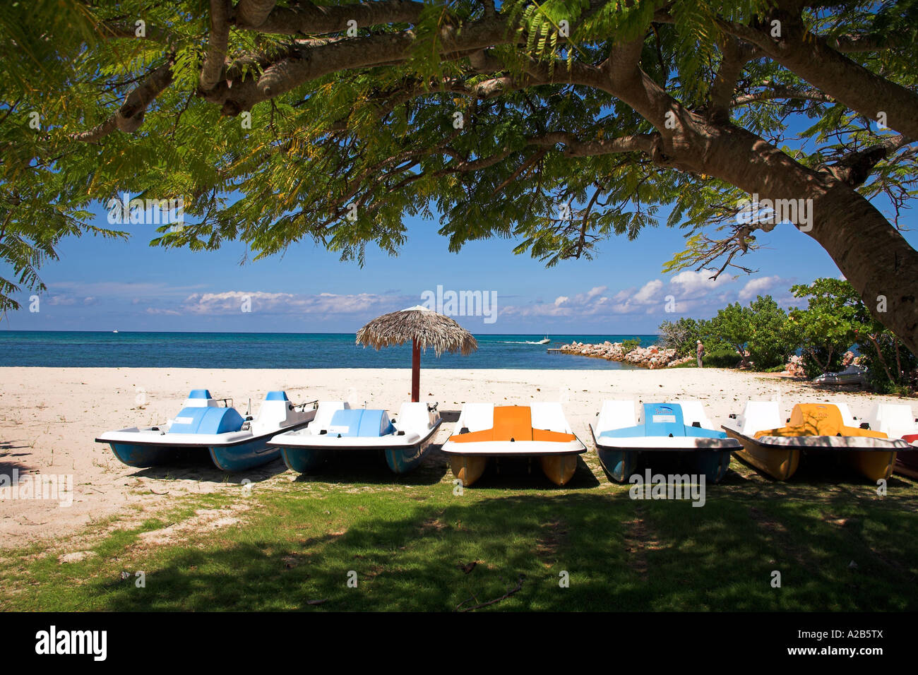 Pedalo boats, ombrellone e albero su di una spiaggia, Guardalavaca, provincia di Holguin, Cuba Foto Stock