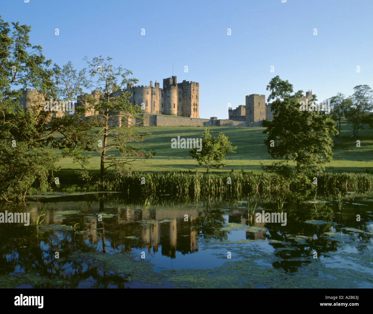 Alnwick Castle visto oltre il fiume aln, Alnwick, Northumberland, Inghilterra, Regno Unito. Foto Stock