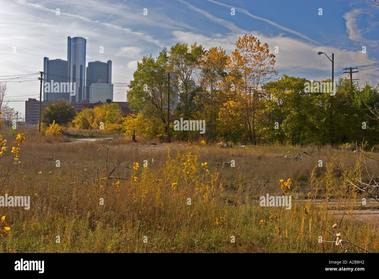 Terreni abbandonati vicino al Centro Cittadino di Detroit Foto Stock