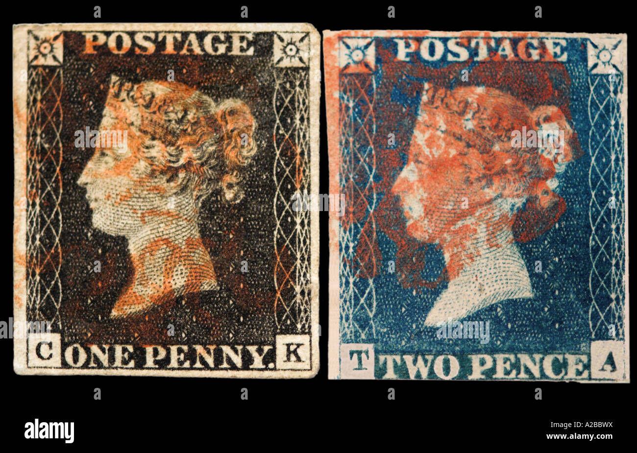 Un Penny Black e 2d blu 1840 francobolli Foto Stock