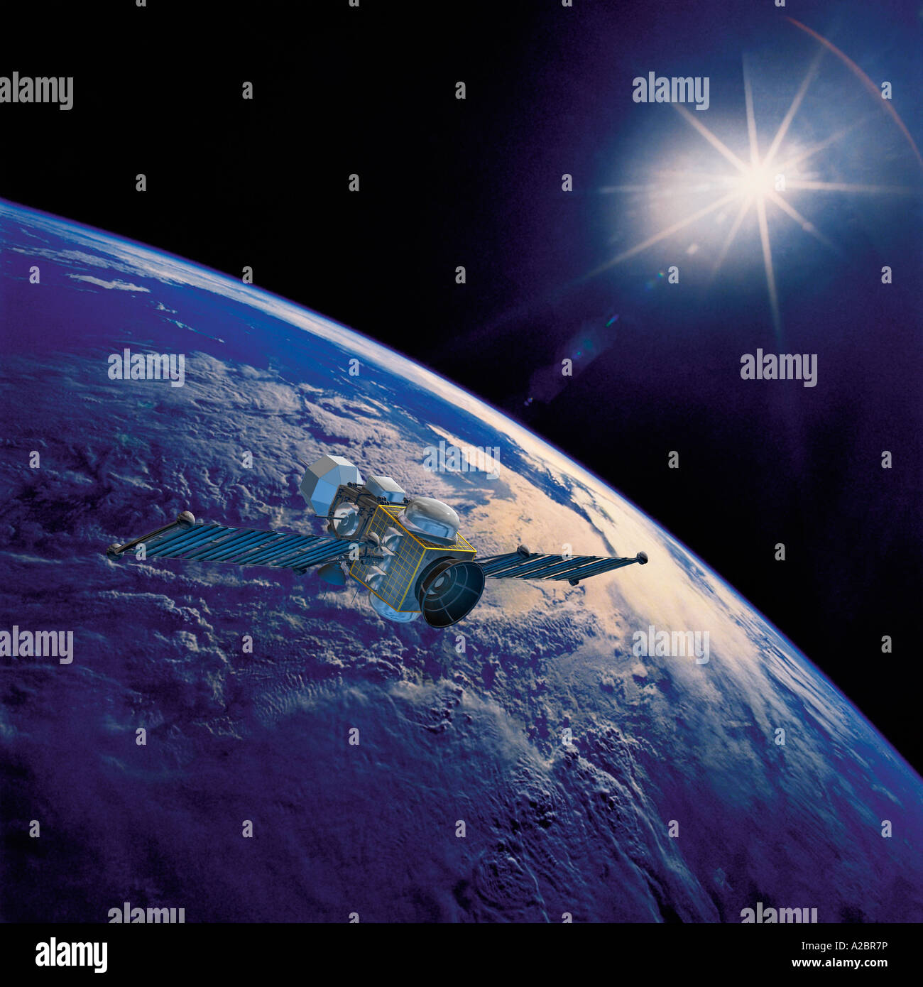 3D Render di un satellite sopra la terra punta verso il Rising Sun Foto Stock