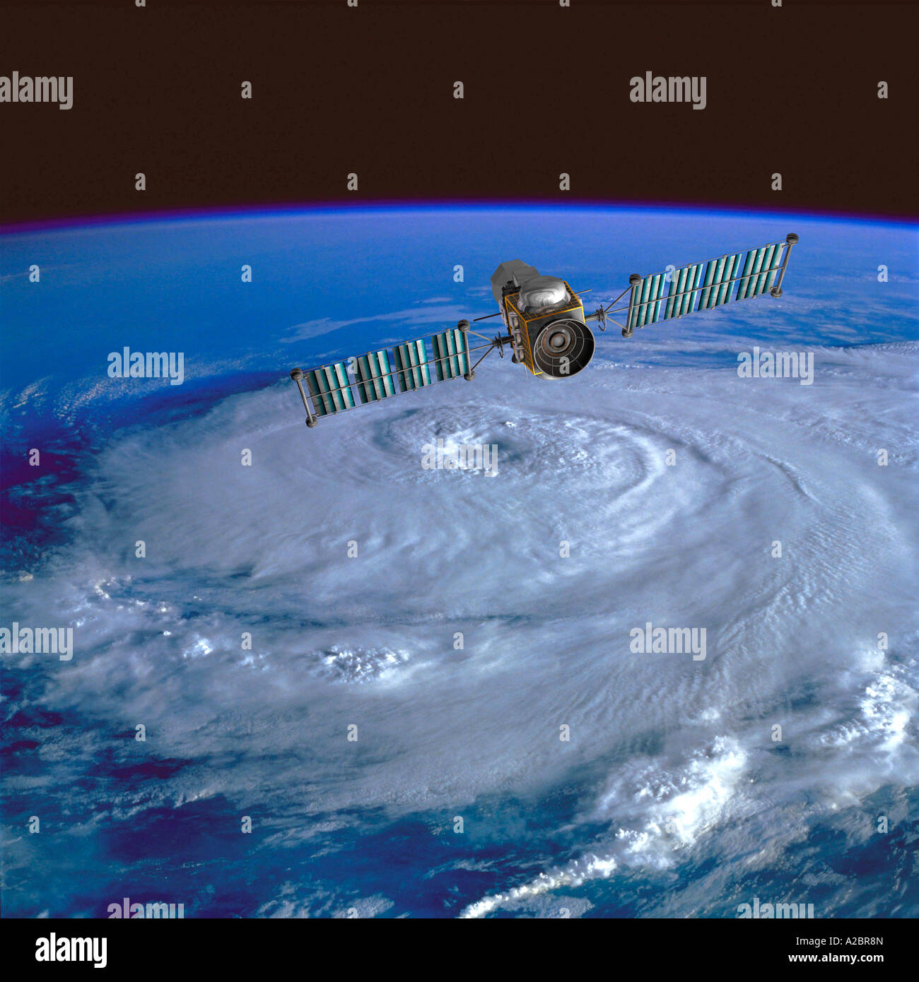 3D Render di un satellite sopra la terra in orbita attorno al di sopra di un uragano un 3D render Foto Stock