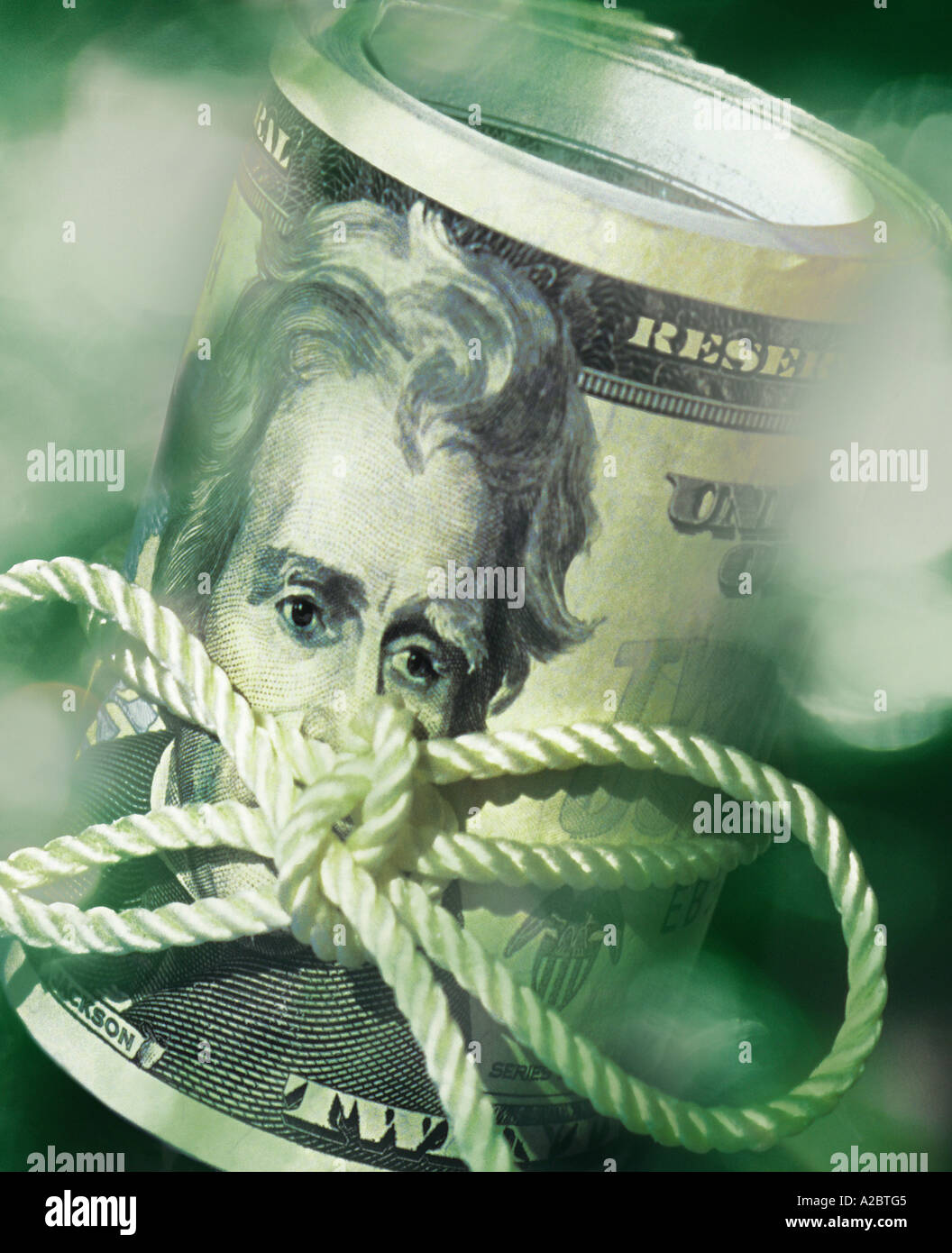 La banconota da venti dollari e legata a una stringa. Valuta degli Stati Uniti. Inflazione. Soldi americani. Foto Stock