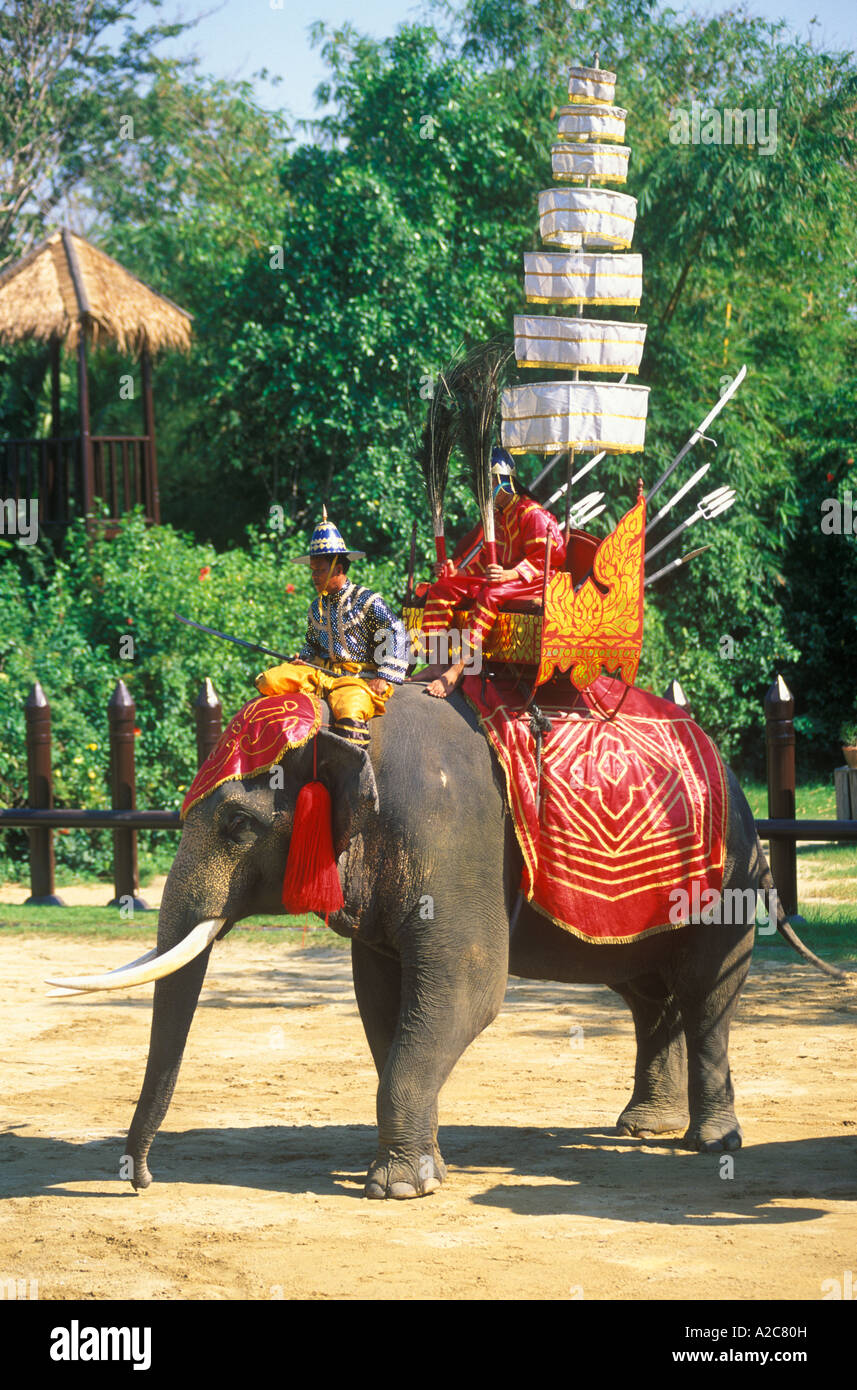 Una guerra elefanti a una performance a Samphran Elephant terreno vicino a Bangkok in Tailandia Foto Stock