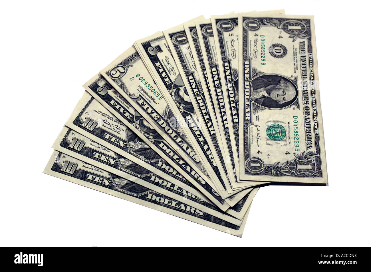 Una forma a ventaglio selezione di American uno le fatture del dollaro Foto Stock