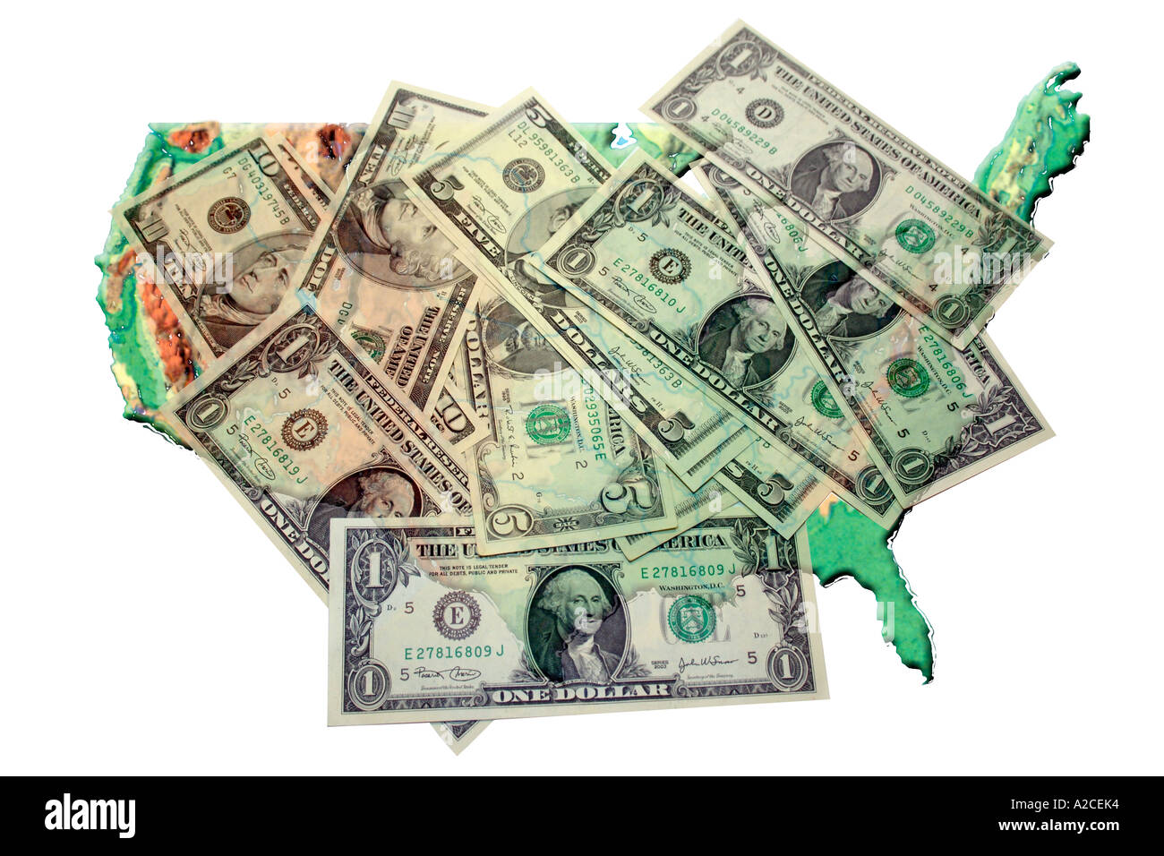 Uno americano le fatture del dollaro disseminati lungo un contorno degli USA. Foto Stock