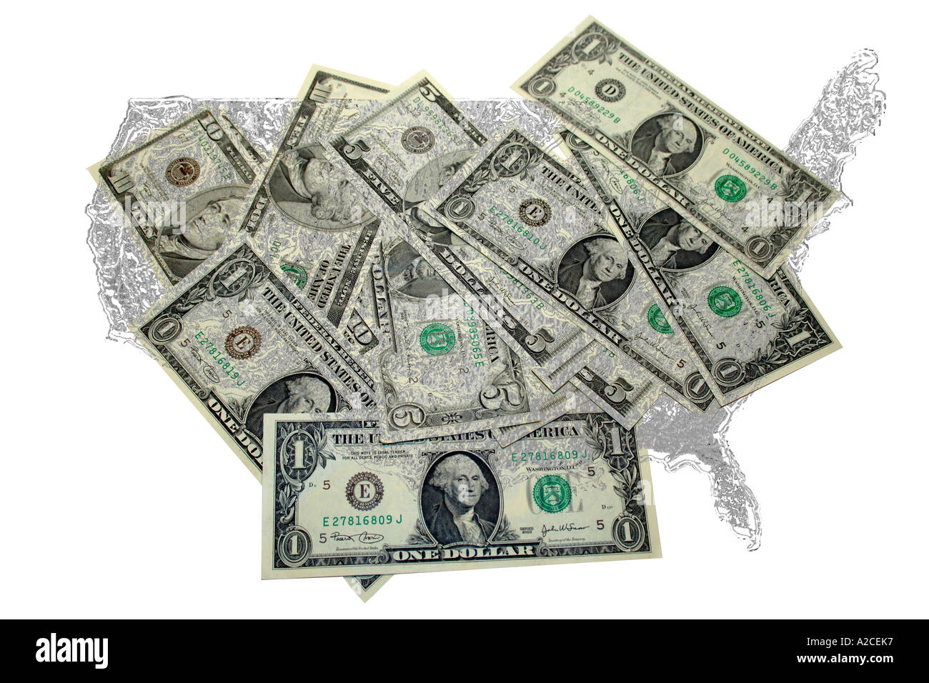 American Dollar Bills disseminati lungo un contorno degli USA. Foto Stock