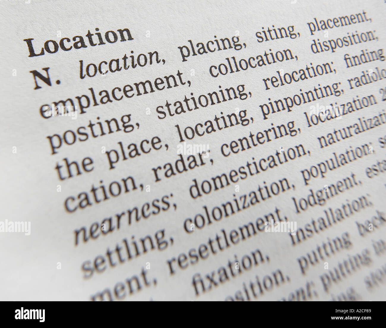 Il thesaurus di pagina che mostra la definizione di posizione di parola Foto Stock