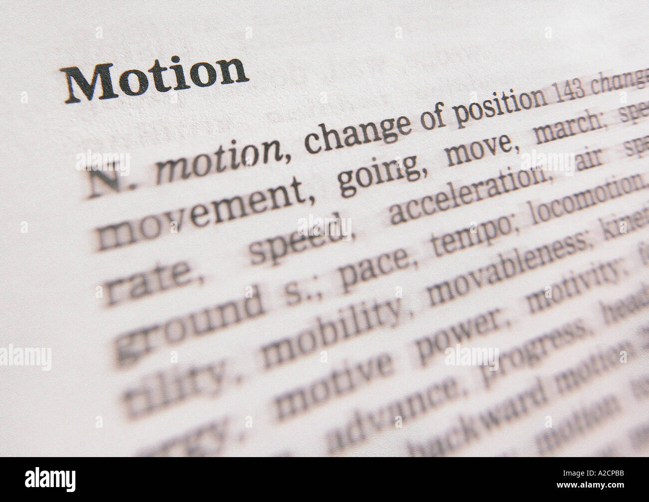 Il thesaurus di pagina che mostra la definizione della parola MOTION Foto Stock